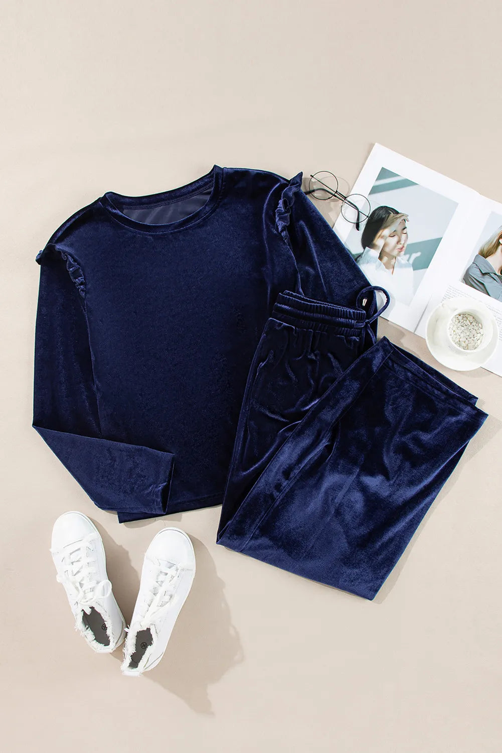 Velvet Round Neck Long Sleeve Top and Drawstring Pants Lounge Set-TOPS / DRESSES-[Adult]-[Female]-2022 Online Blue Zone Planet