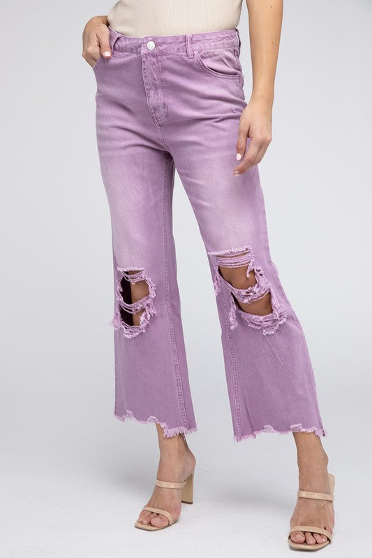 Distressed Vintage Washed Wide Leg Pants-[Adult]-[Female]-VINTAGE LAVENDER-S-2022 Online Blue Zone Planet