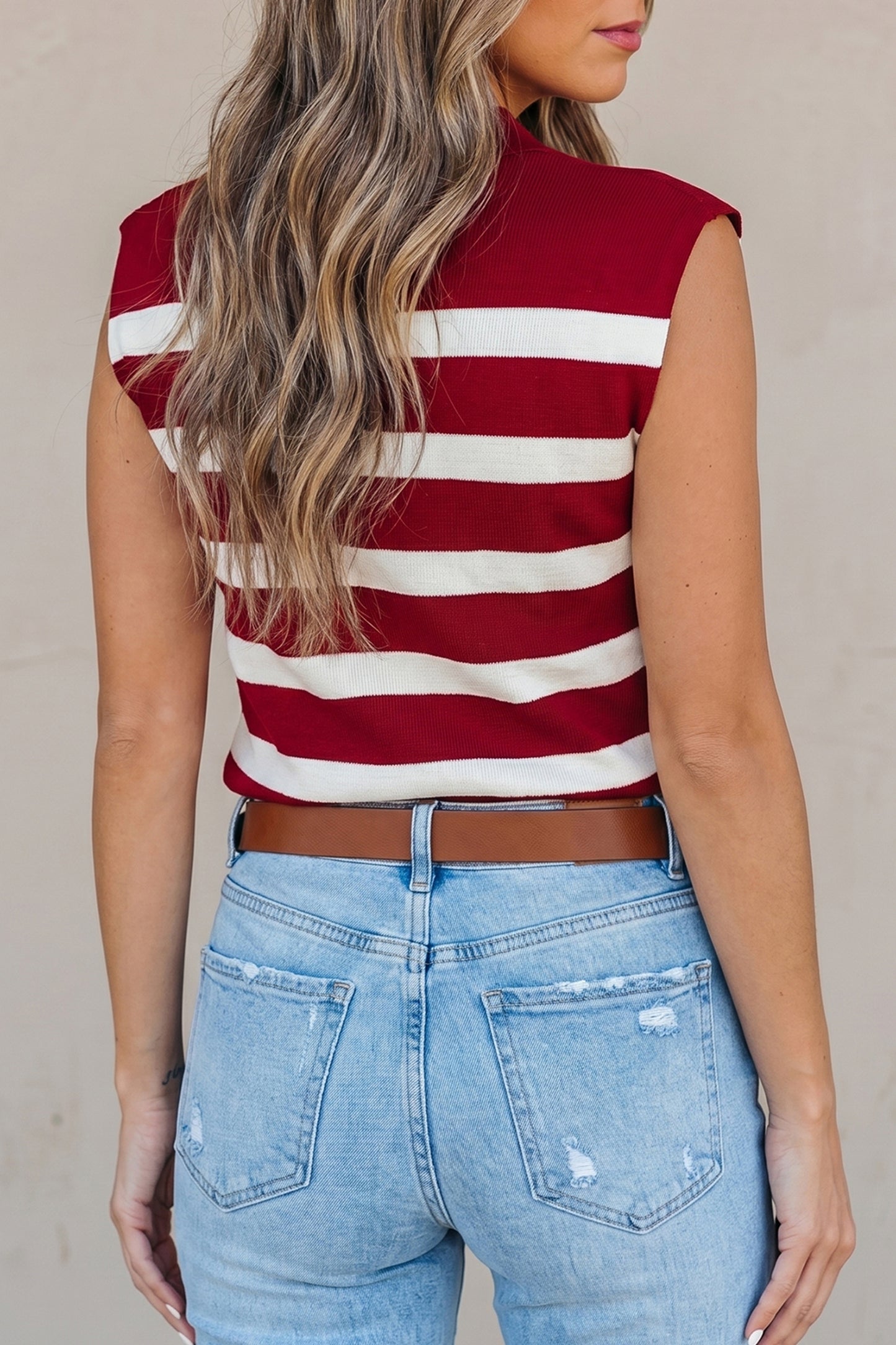 Red Stripe Collared Split Neck Sweater Vest-TOPS / DRESSES-[Adult]-[Female]-2022 Online Blue Zone Planet