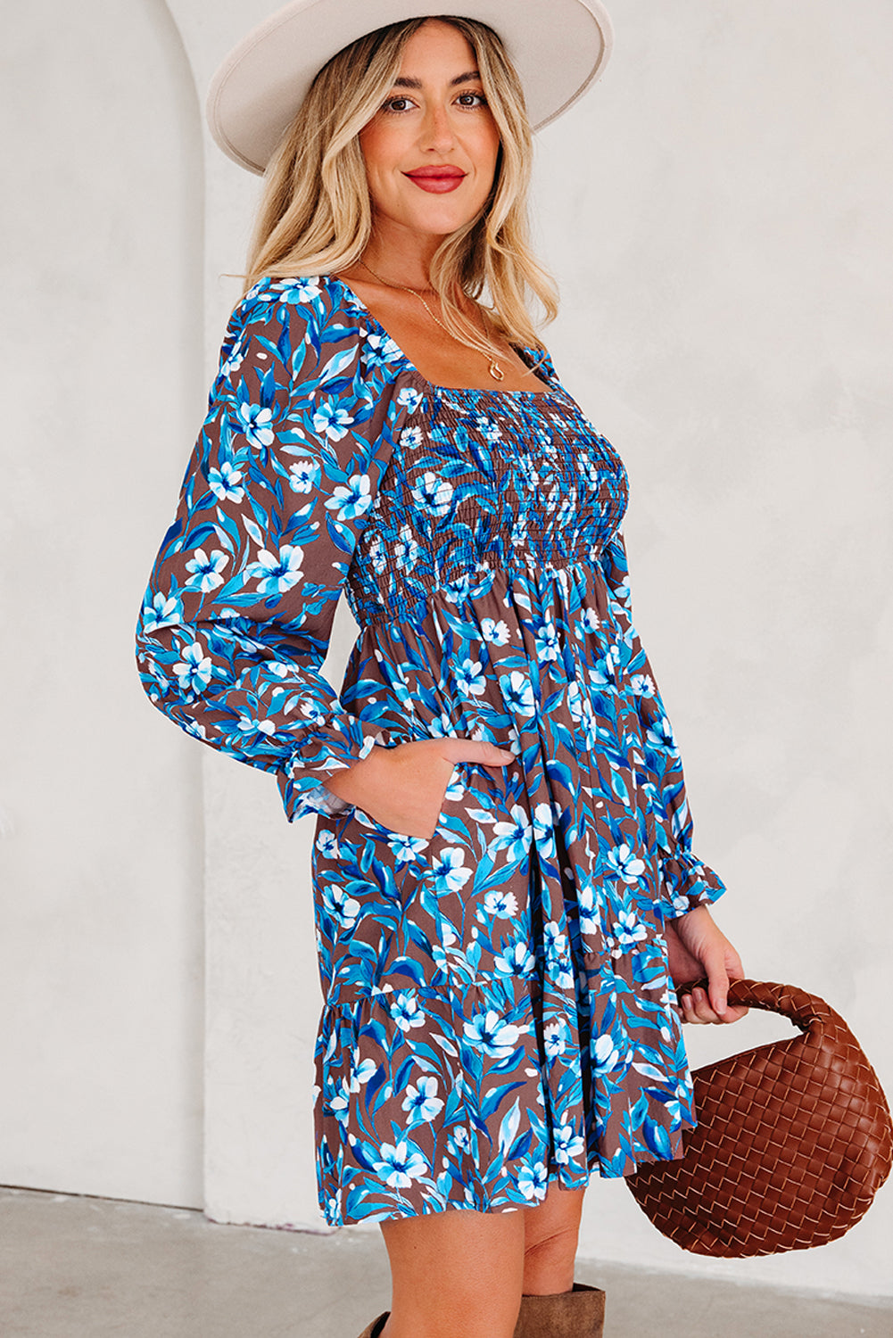 Blue Smocked Bodice High Waist Ruffled Sleeve Floral Dress-TOPS / DRESSES-[Adult]-[Female]-2022 Online Blue Zone Planet