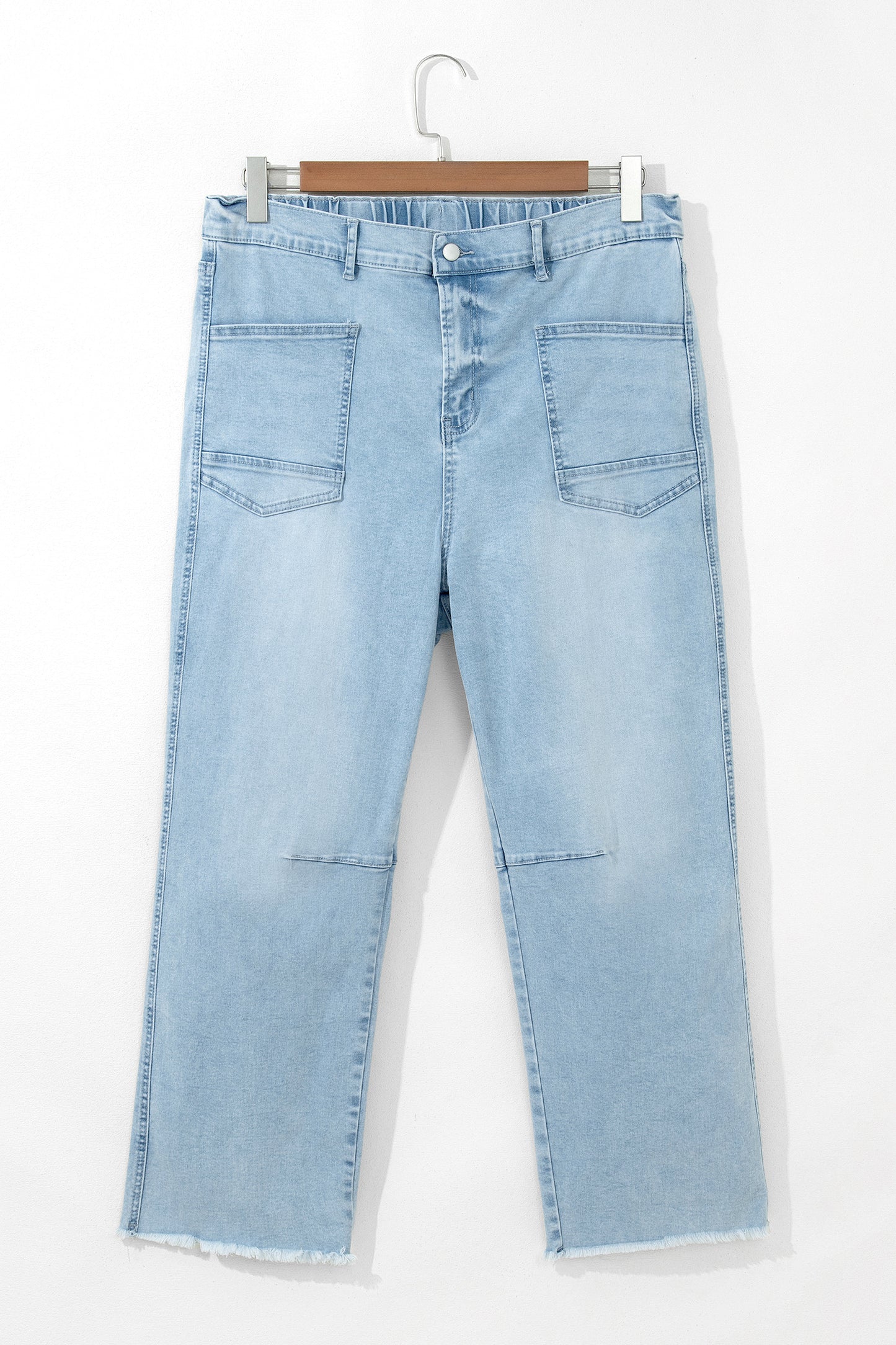 Beau Blue Plus Size Seam Detail Patch Pocket Raw Cut Shift Jeans-Plus Size/Plus Size Bottoms-[Adult]-[Female]-2022 Online Blue Zone Planet