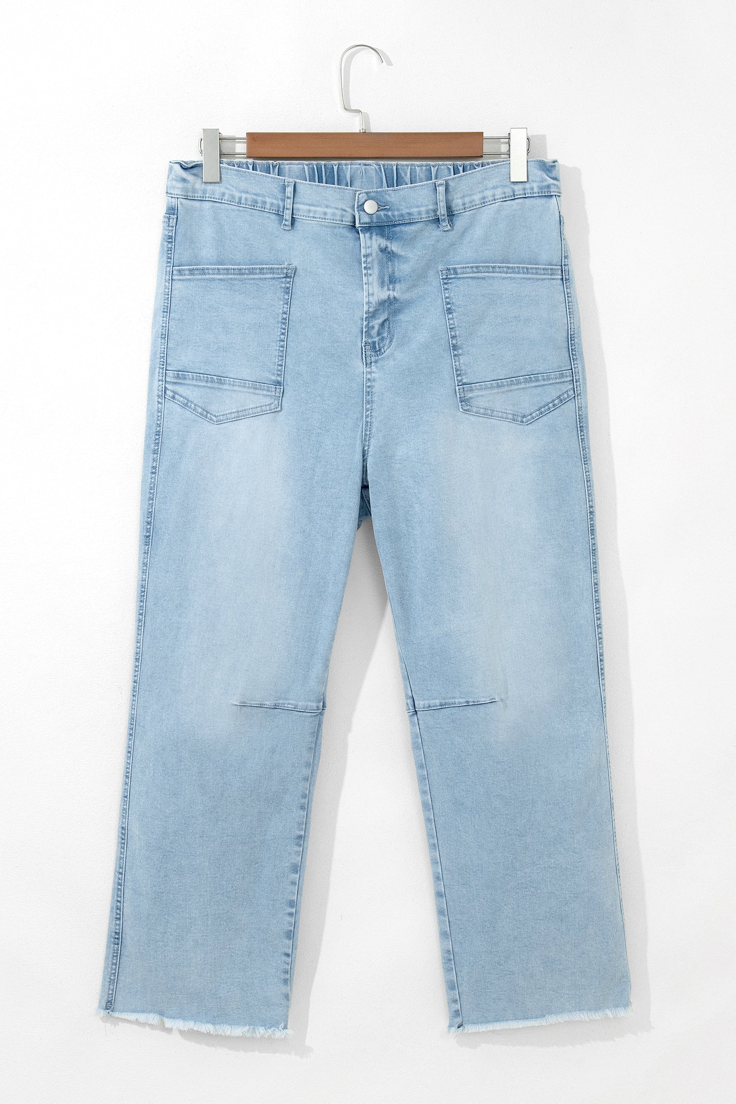 Beau Blue Plus Size Seam Detail Patch Pocket Raw Cut Shift Jeans-Plus Size/Plus Size Bottoms-[Adult]-[Female]-2022 Online Blue Zone Planet