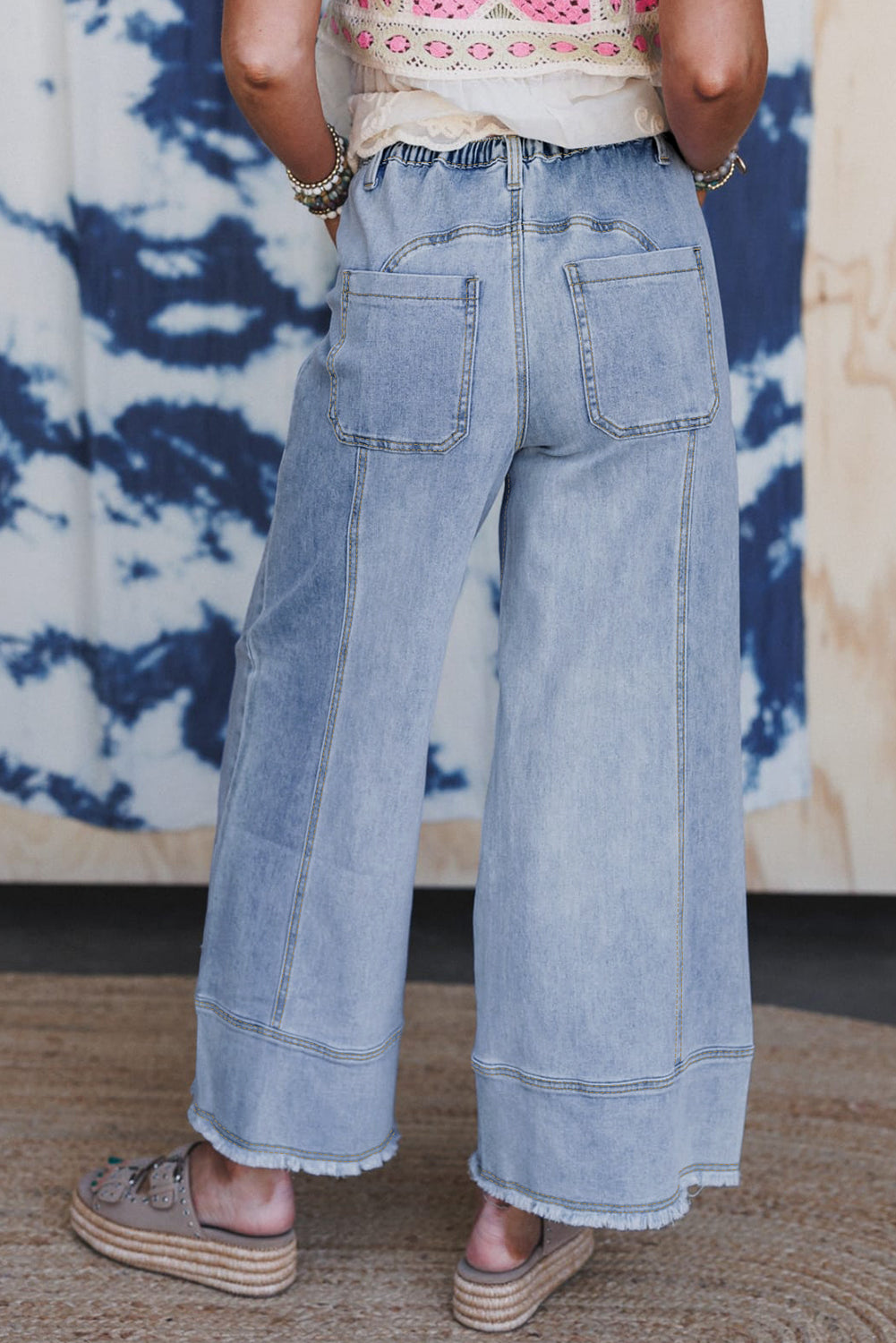 Beau Blue Drawstring Seam Detail Raw Hem Wide Leg Denim Pants-Bottoms/Jeans-[Adult]-[Female]-2022 Online Blue Zone Planet
