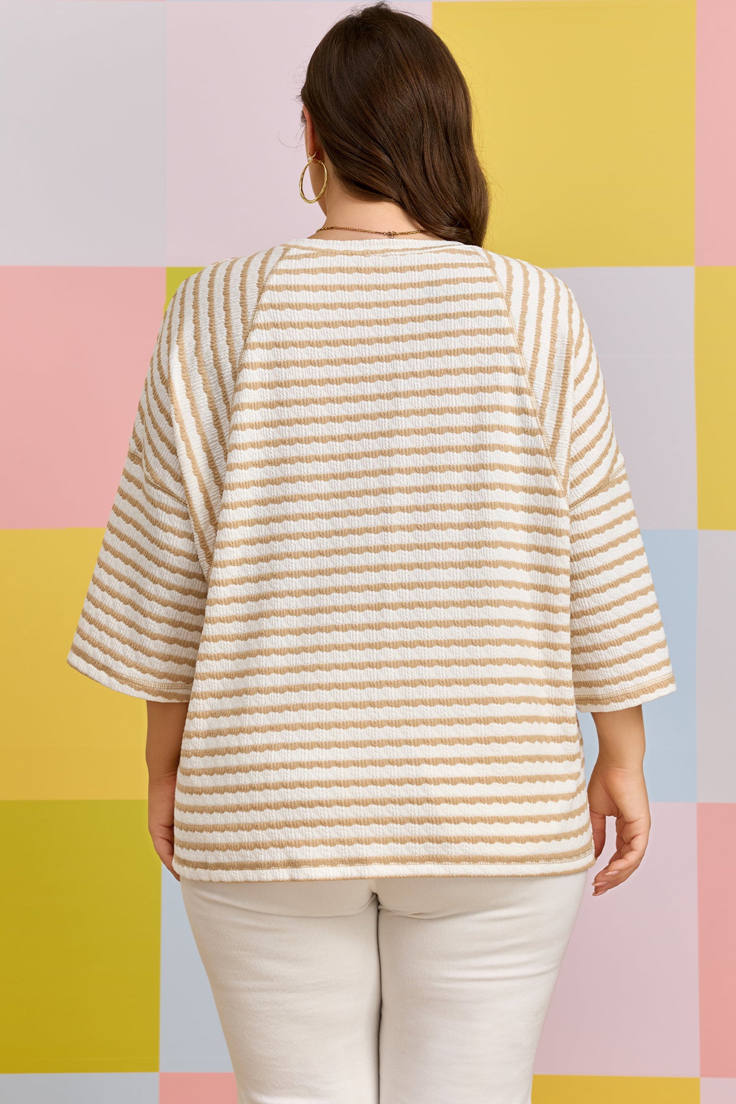 Apricot Stripe Plus Size Textured Patchwork Detail Half Sleeve Top-Plus Size/Plus Size Tops/Plus Size Tops & Tees-[Adult]-[Female]-2022 Online Blue Zone Planet