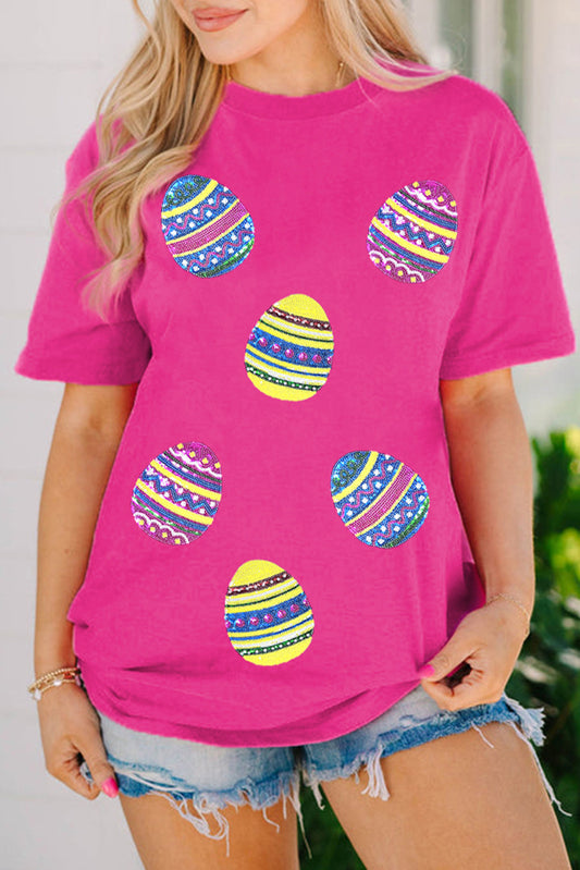 Rose Red Sequin Easter Egg Graphic Casual T Shirt-Graphic/Graphic Tees-[Adult]-[Female]-Rose Red-S-2022 Online Blue Zone Planet