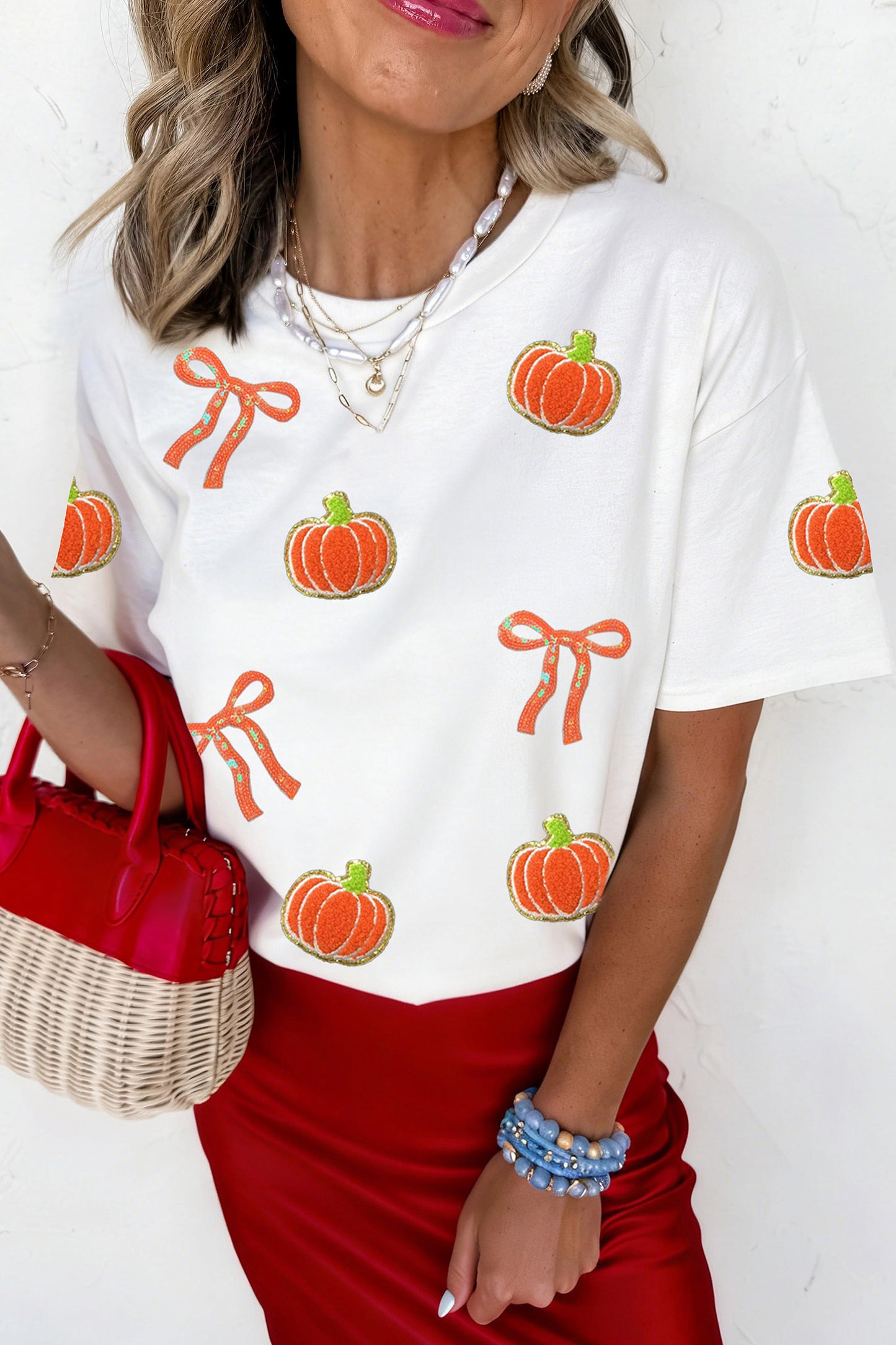 White Sequin Chenille Pumpkin Bow Pattern Casual Short T Shirt-Graphic/Graphic Tees-[Adult]-[Female]-2022 Online Blue Zone Planet