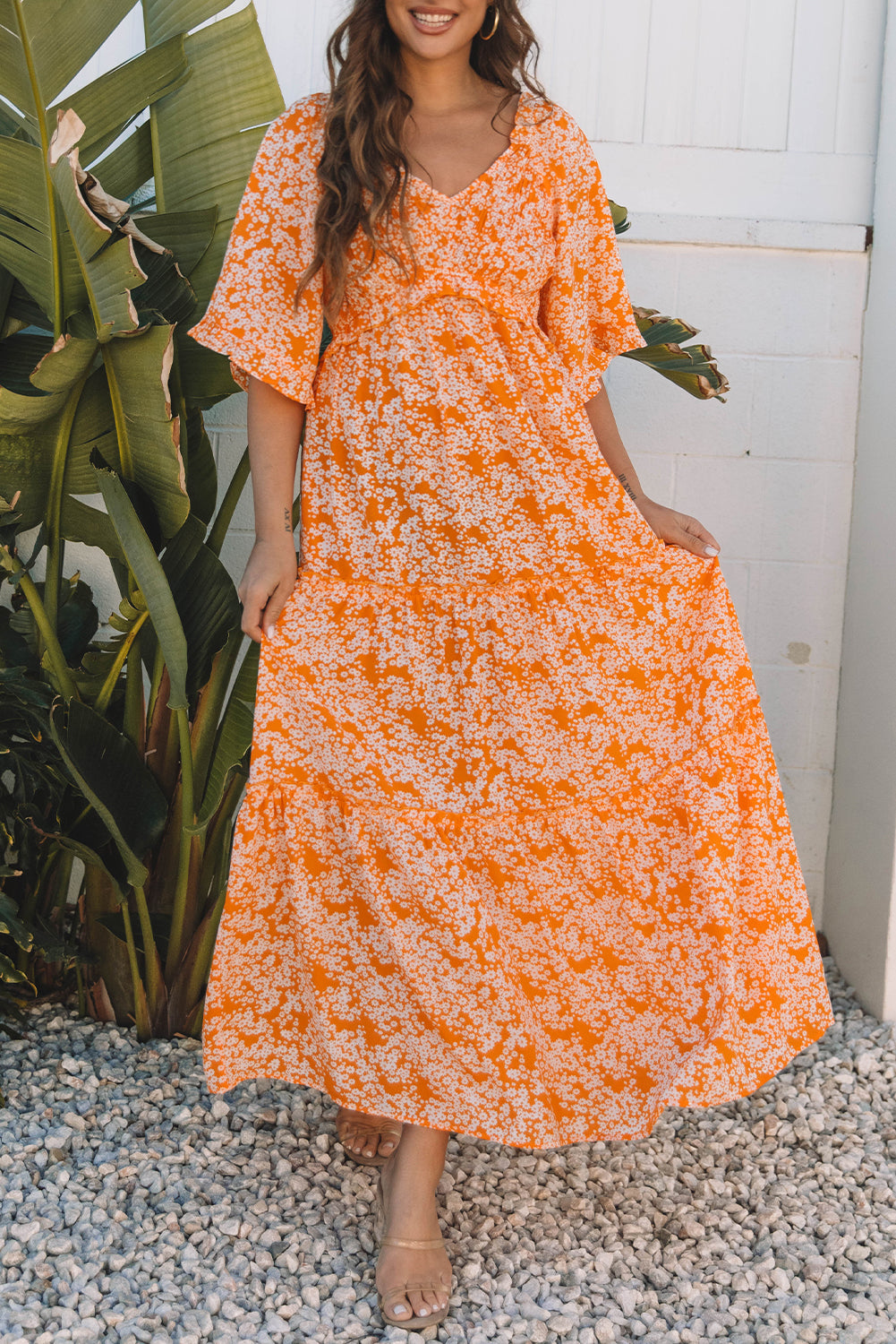 Orange Floral Print Smocked V Neck Wide Sleeve Maxi Dress-Dresses/Floral Dresses-[Adult]-[Female]-2022 Online Blue Zone Planet