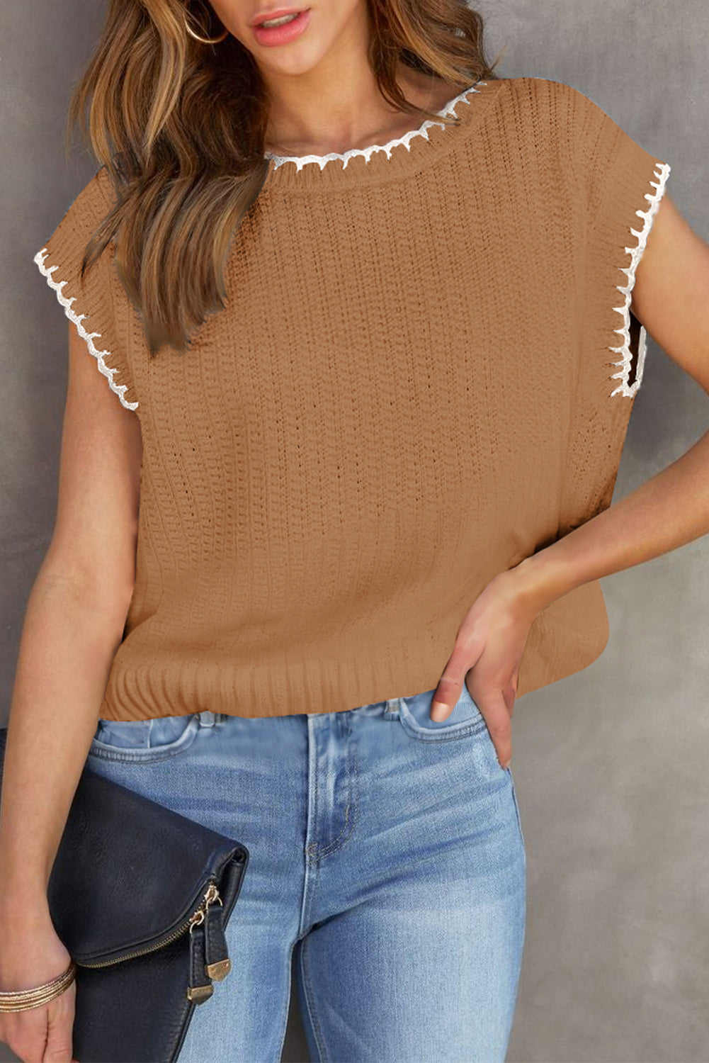 Camel Contrast Trim Boxy Fit Knit Short Sleeve Sweater Top-TOPS / DRESSES-[Adult]-[Female]-Camel-S-2022 Online Blue Zone Planet