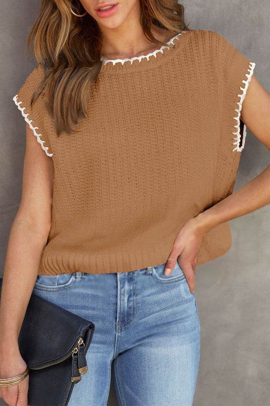 Camel Contrast Trim Boxy Fit Knit Short Sleeve Sweater Top-TOPS / DRESSES-[Adult]-[Female]-Camel-S-2022 Online Blue Zone Planet