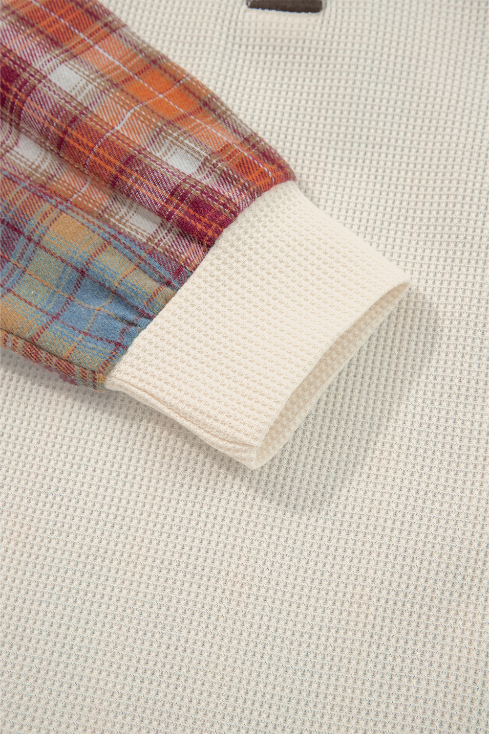 Beige Waffle Stripe Plaid Patchwork Henley Knit Top-Tops/Long Sleeve Tops-[Adult]-[Female]-2022 Online Blue Zone Planet