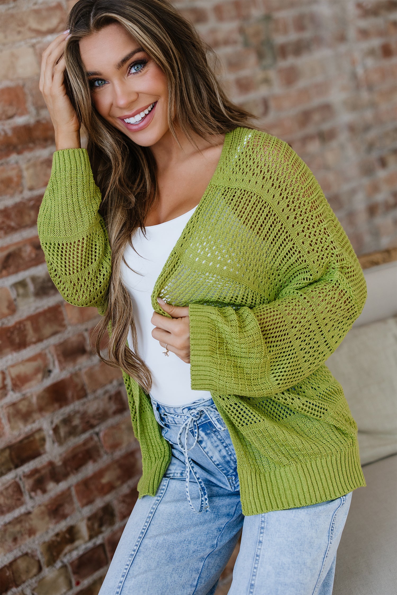 Spinach Green Oversize Crochet Knit Open Cardigan-Sweaters & Cardigans/Cardigans-[Adult]-[Female]-2022 Online Blue Zone Planet