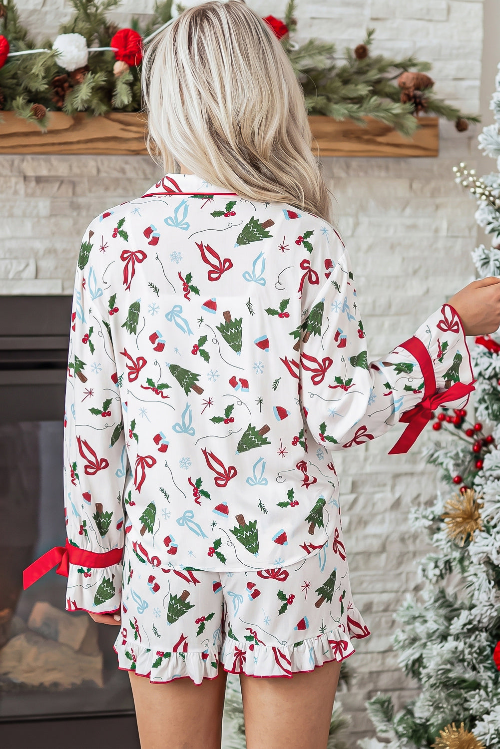 White Christmas Print Ruffle Cuff Long Sleeve Lounge Set-Loungewear & Sleepwear/Loungewear-[Adult]-[Female]-2022 Online Blue Zone Planet