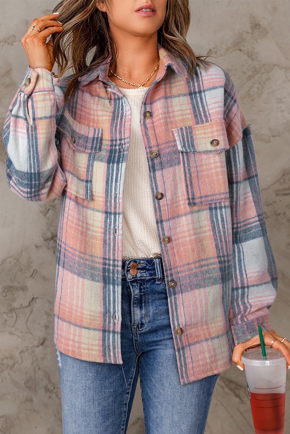 Brown Plaid Flap Pockets Shacket-Outerwear/Plaid Shackets-[Adult]-[Female]-Pink-S-2022 Online Blue Zone Planet