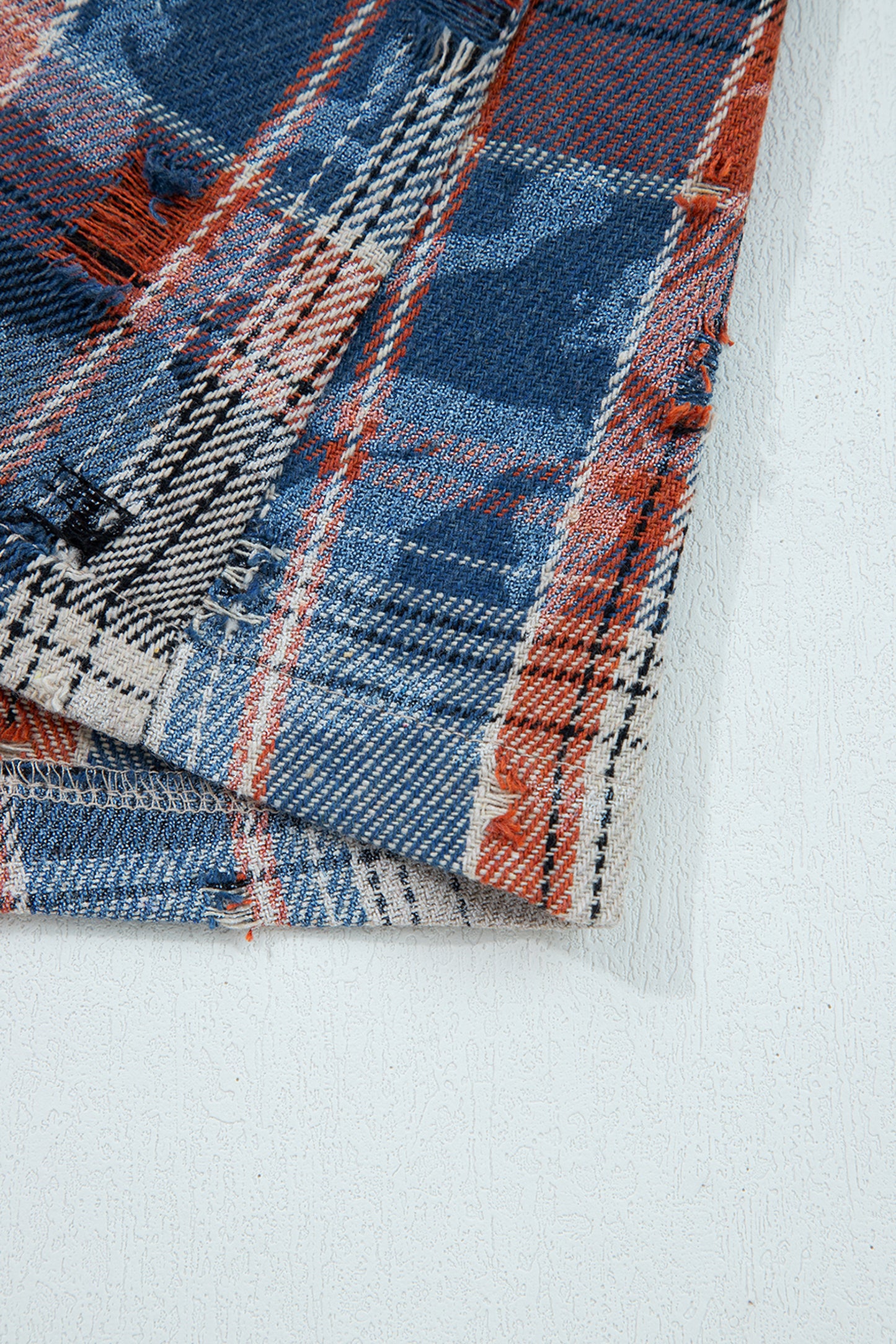 Ashleigh Blue Boho Floral Plaid Patchwork Distressed Detail Ruffled Sleeve Waffle Knit Shacket-Outerwear/Plaid Shackets-[Adult]-[Female]-2022 Online Blue Zone Planet