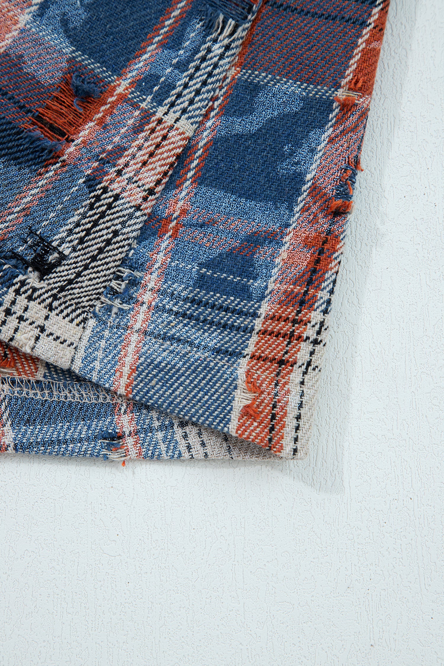 Ashleigh Blue Boho Floral Plaid Patchwork Distressed Detail Ruffled Sleeve Waffle Knit Shacket-Outerwear/Plaid Shackets-[Adult]-[Female]-2022 Online Blue Zone Planet