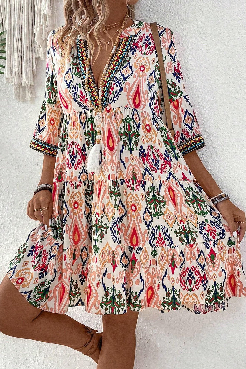 Blue Zone Planet | Multicolour Boho Print V Neck Bracelet Sleeve Mini Dress-TOPS / DRESSES-[Adult]-[Female]-2022 Online Blue Zone Planet