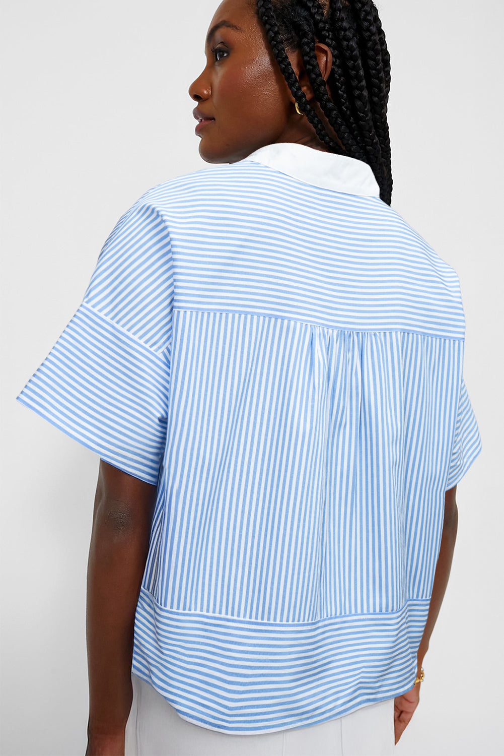 Sky Blue Stripe Contrast Collar Patchwork Hidden Button Short Sleeve Summer Shirt-Tops/Blouses & Shirts-[Adult]-[Female]-2022 Online Blue Zone Planet