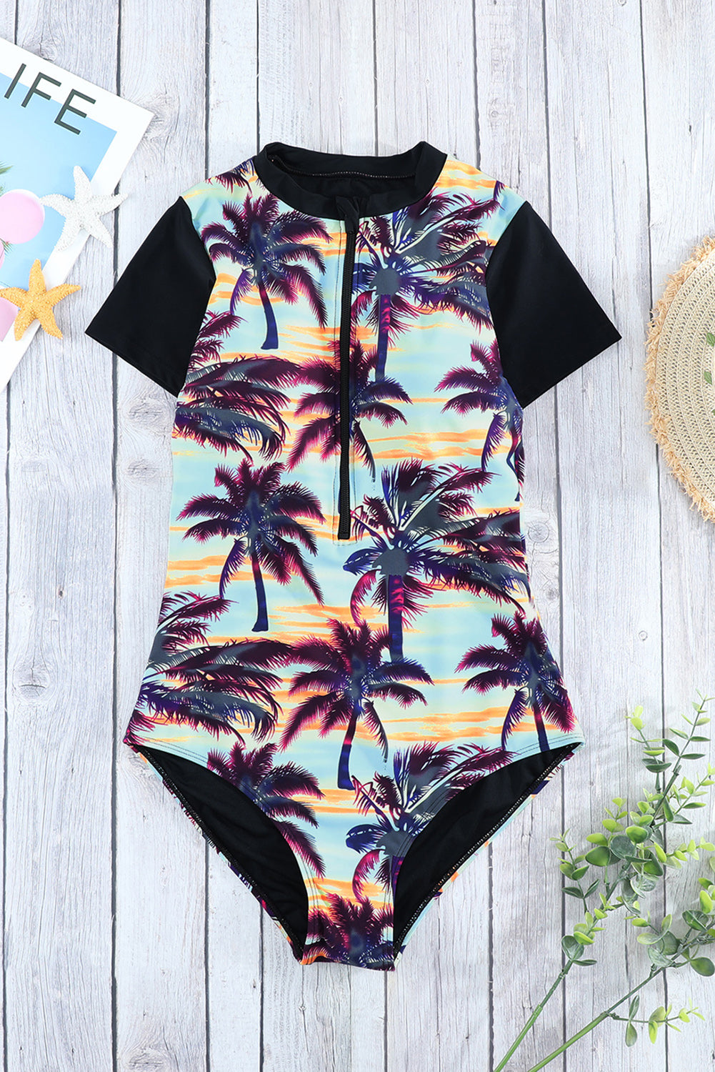 Blue Zone Planet |  Beach Sunset Zip Front Half Sleeve One Piece Swimsuit Blue Zone Planet