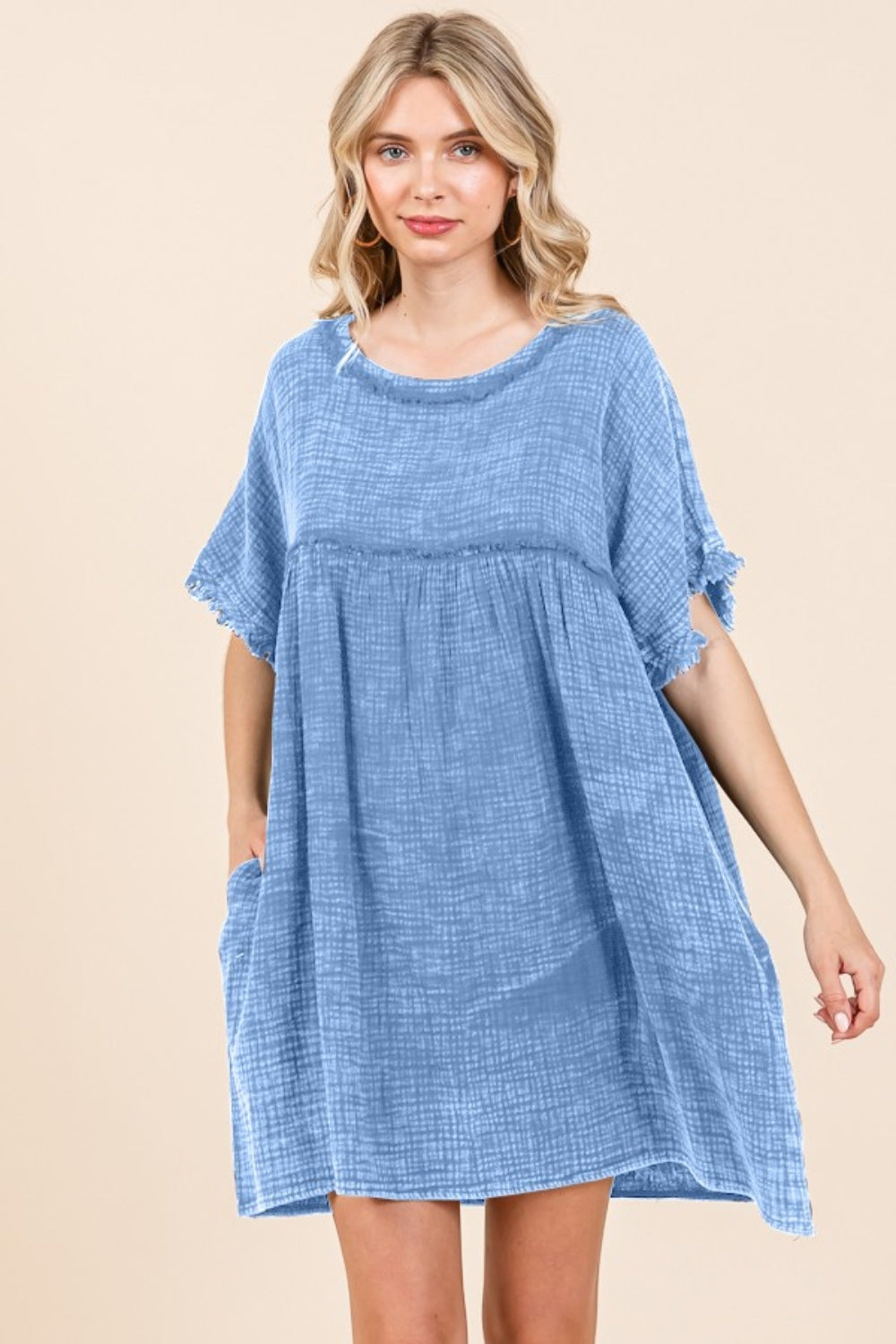 Culture Code Full Size Short Sleeve Babydoll Texture Dress with Pockets-TOPS / DRESSES-[Adult]-[Female]-New Dusty Blue-S-2022 Online Blue Zone Planet