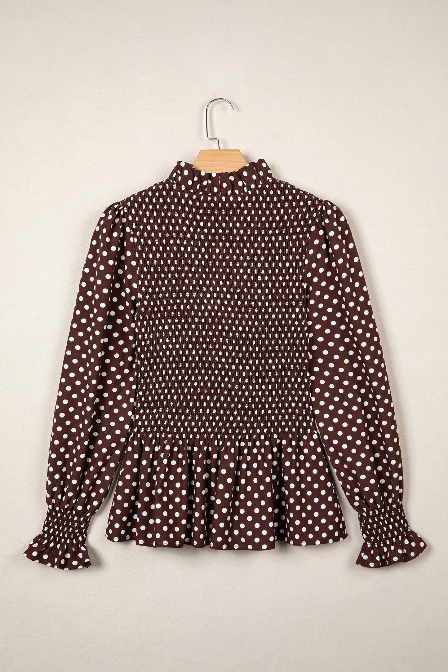 Brown Polka Dot Ruffled High Neck Shirred Ruffle Hem Blouse-Tops/Blouses & Shirts-[Adult]-[Female]-2022 Online Blue Zone Planet