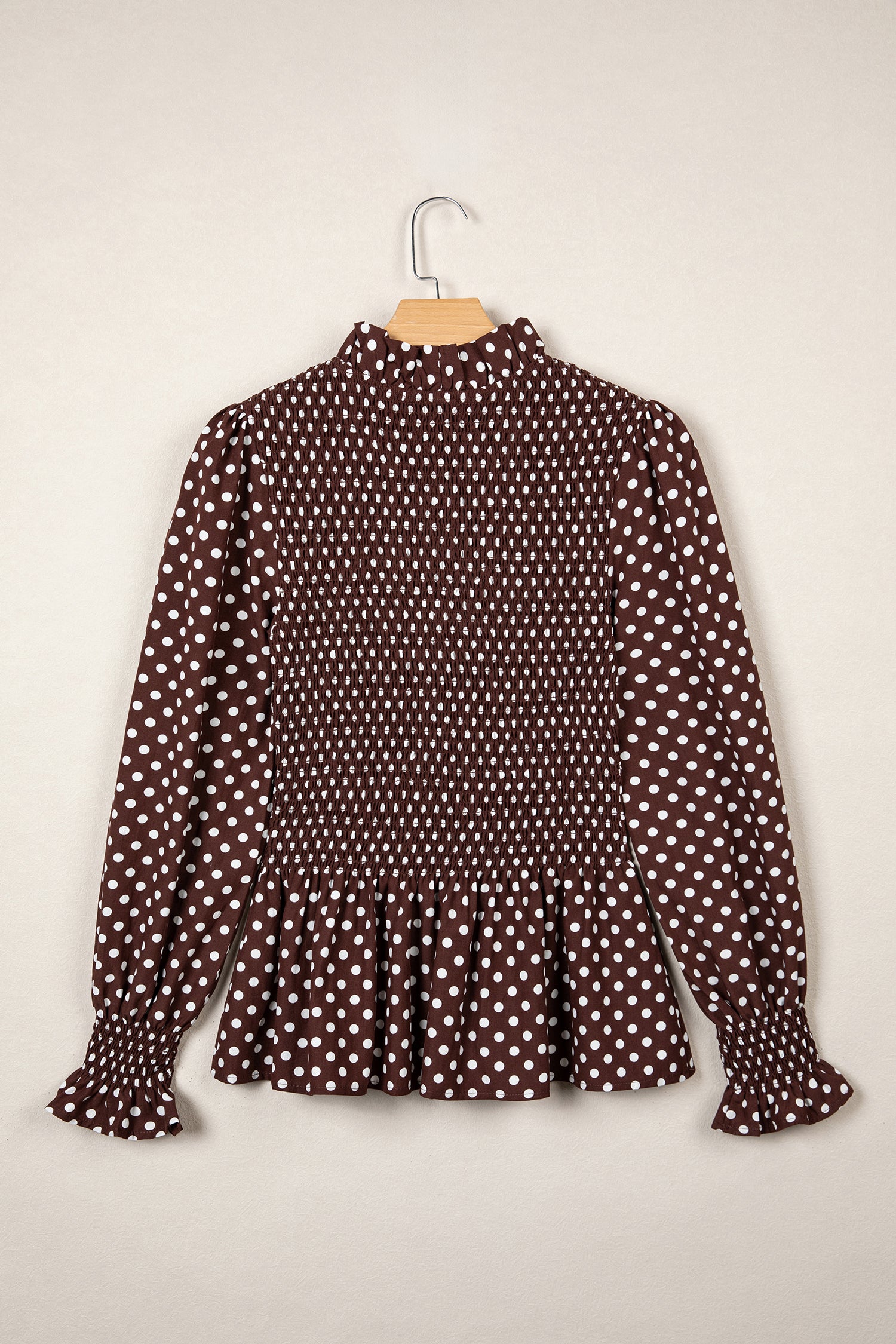 Brown Polka Dot Ruffled High Neck Shirred Ruffle Hem Blouse-Tops/Blouses & Shirts-[Adult]-[Female]-2022 Online Blue Zone Planet