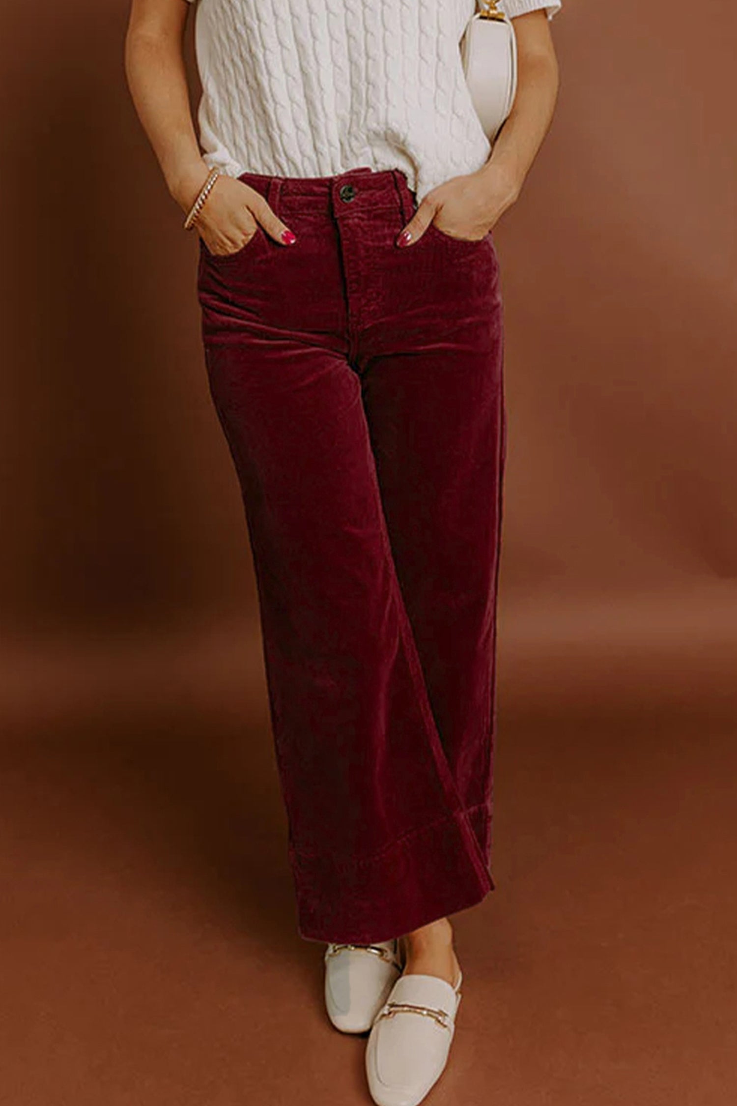Burgundy Corduroy Solid Color High Waist Wide Leg Pants-Bottoms/Pants & Culotte-[Adult]-[Female]-2022 Online Blue Zone Planet