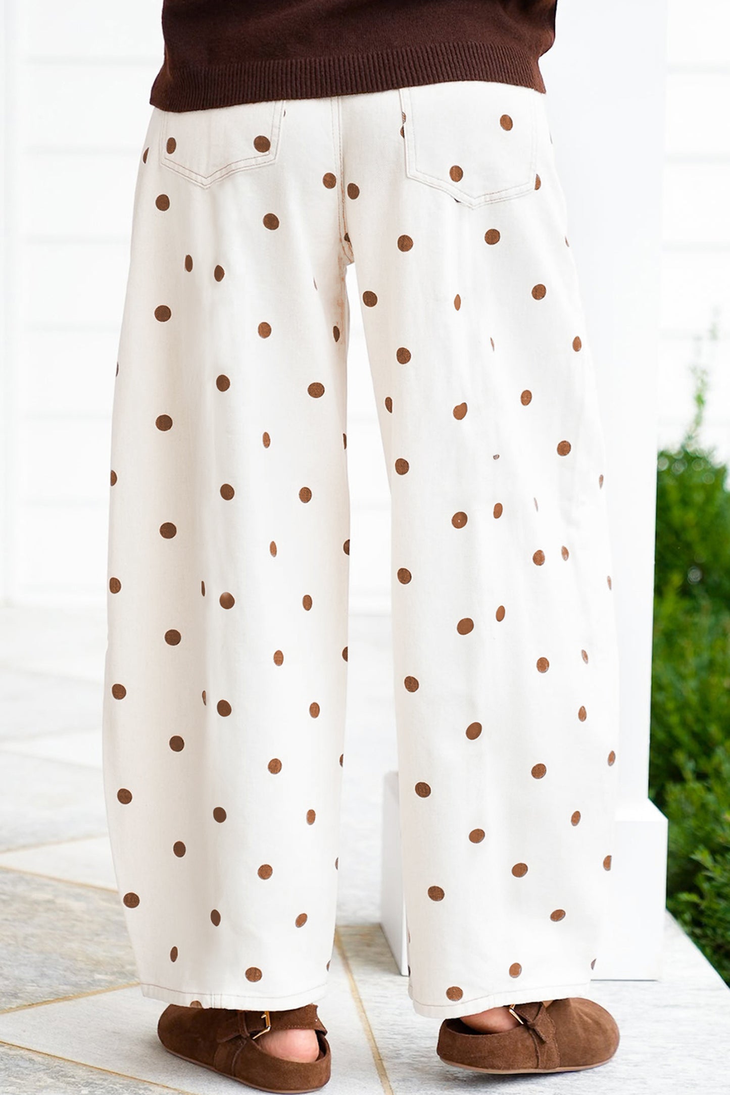 Beige Polka Dot Print Plus Size Barrel Jeans-Plus Size/Plus Size Bottoms-[Adult]-[Female]-2022 Online Blue Zone Planet