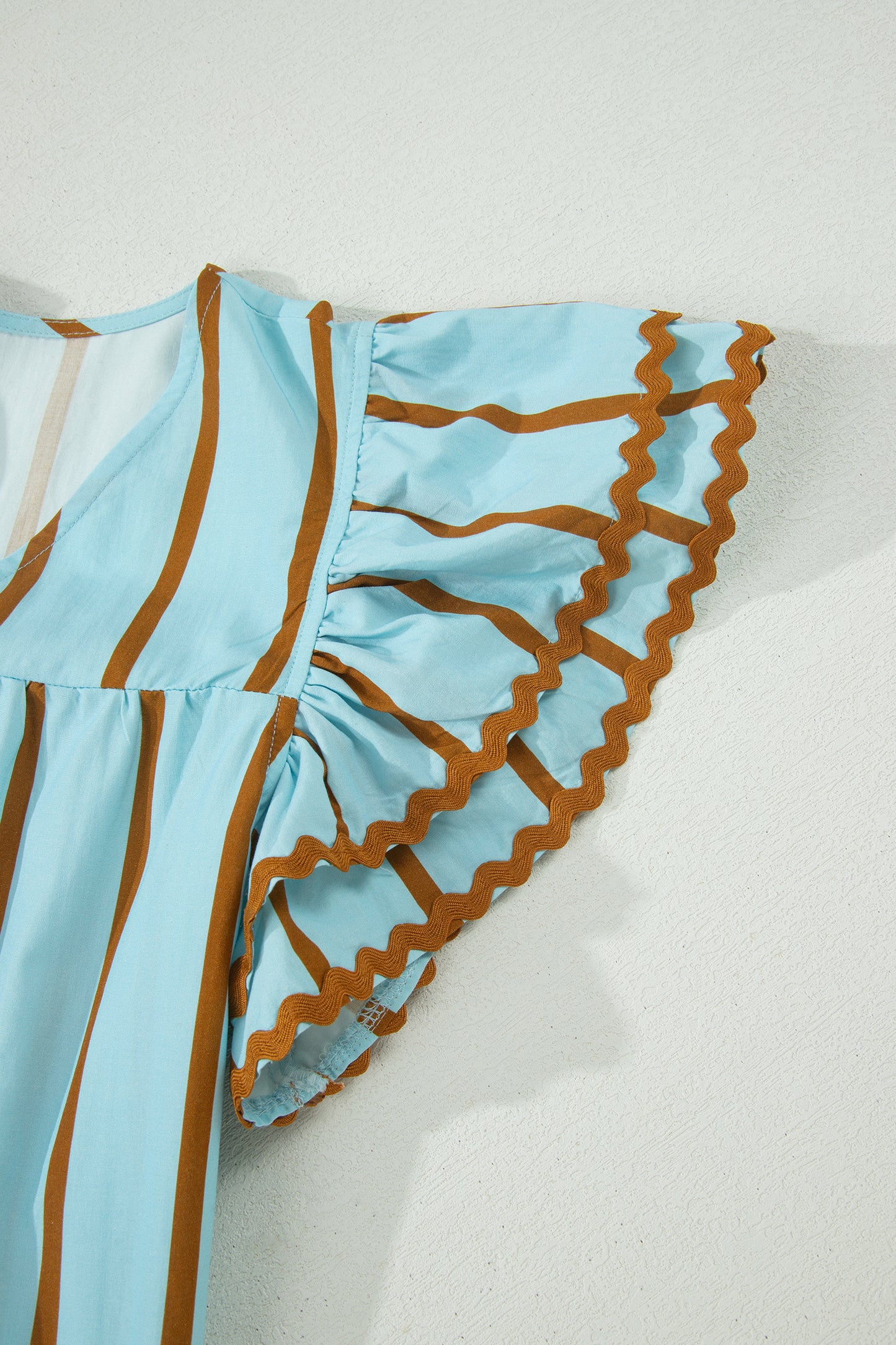 Sky Blue Stripe Ricrac Trim Double Ruffled Short Sleeve V Neck Blouse-Tops/Blouses & Shirts-[Adult]-[Female]-2022 Online Blue Zone Planet