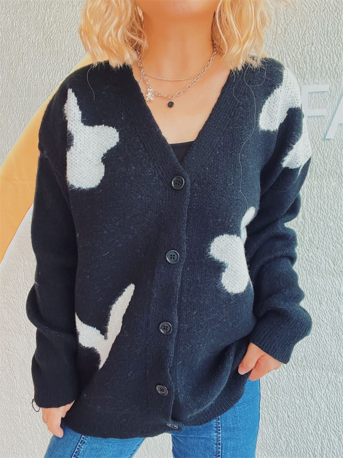 Flower Button Down V-Neck Long Sleeve Cardigan-TOPS / DRESSES-[Adult]-[Female]-Black-One Size-2022 Online Blue Zone Planet