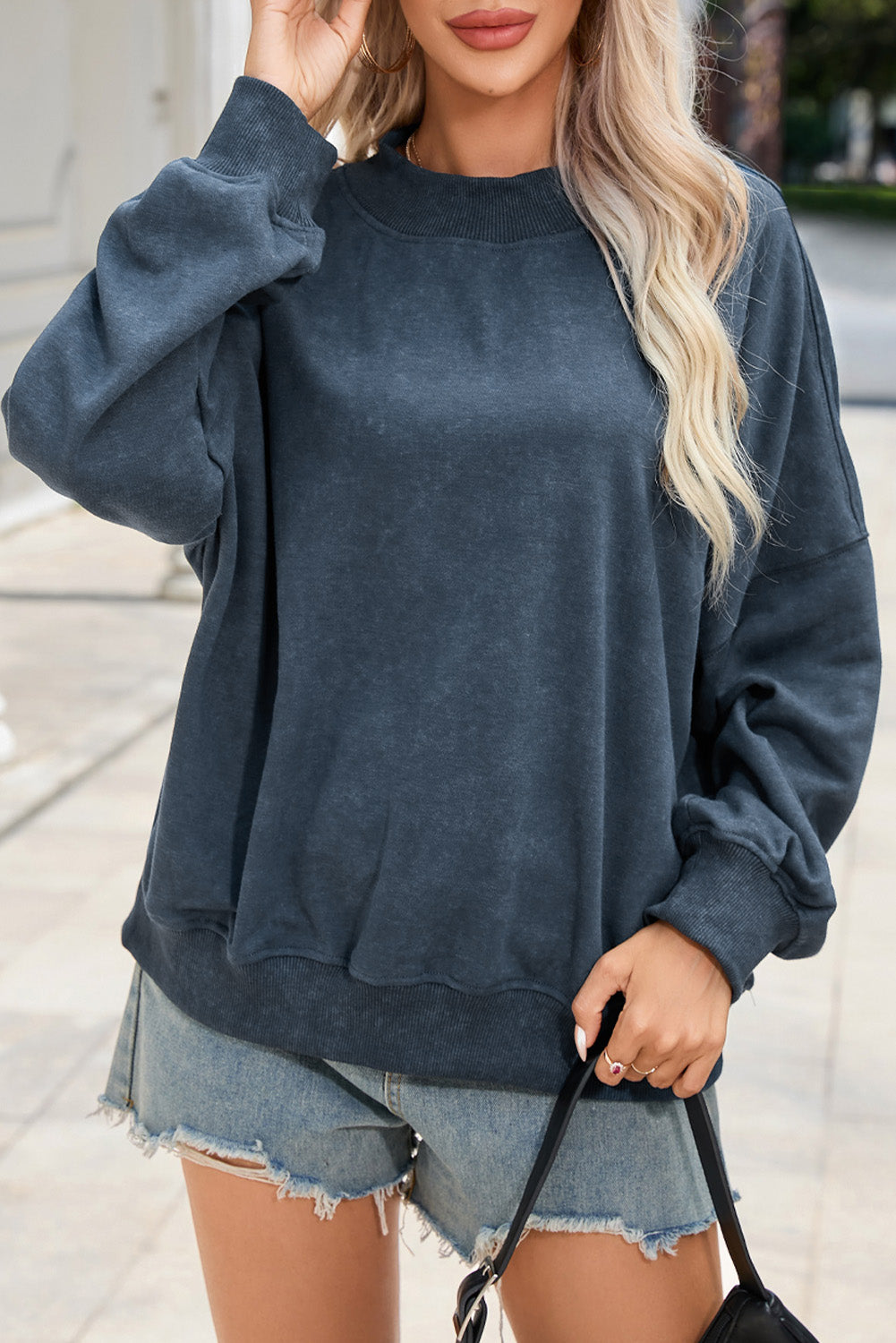 Orange Drop Shoulder Crew Neck Pullover Sweatshirt-Tops/Sweatshirts & Hoodies-[Adult]-[Female]-Sky Blue-S-2022 Online Blue Zone Planet