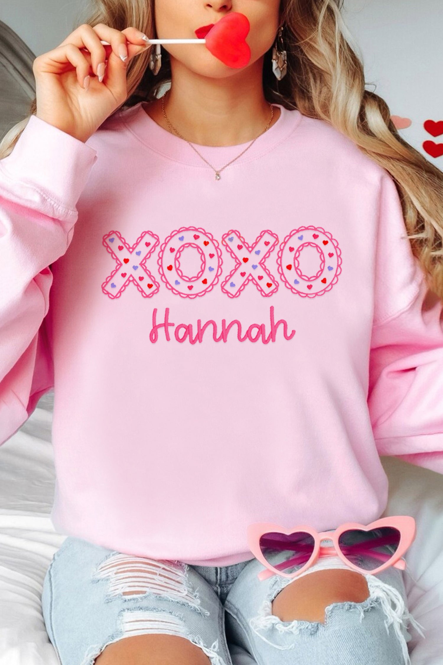 Pink Playful XOXO Letter Embroidered Hannah Pullover Sweatshirt-Graphic Sweatshirts-[Adult]-[Female]-2022 Online Blue Zone Planet