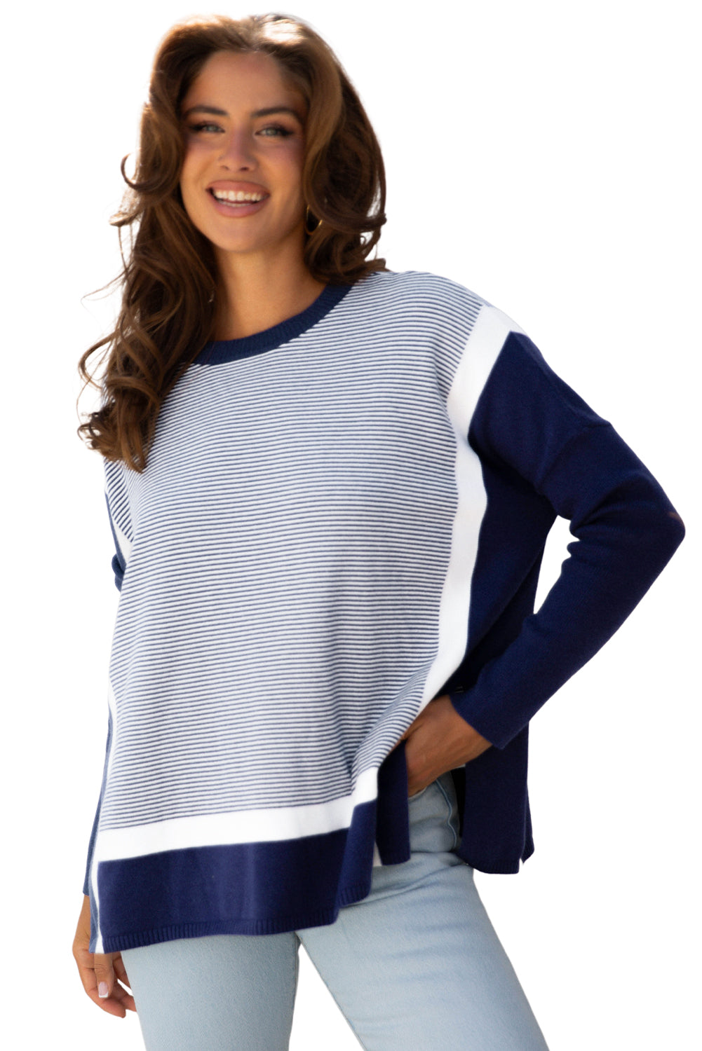 Blue Stripe Color Block Patchwork Dolman Oversize Tunic Sweater-Sweaters & Cardigans/Sweaters-[Adult]-[Female]-2022 Online Blue Zone Planet