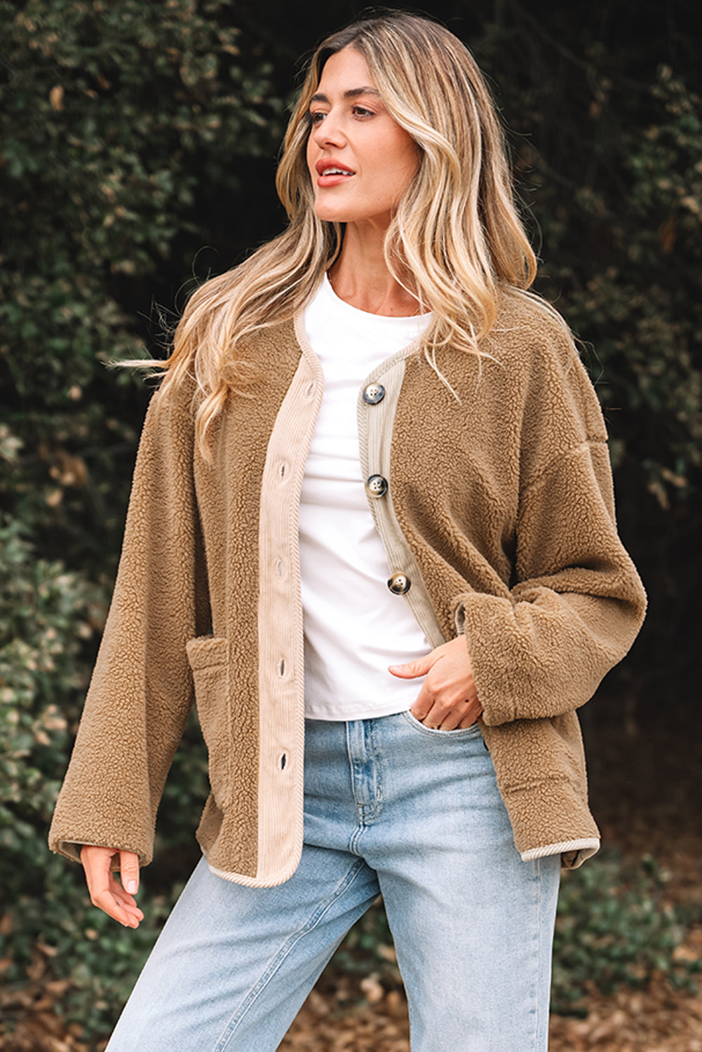 Light French Beige Puffy Plush Corduroy Edge Patchwork Jacket with Big Pockets-Outerwear/Jackets-[Adult]-[Female]-2022 Online Blue Zone Planet