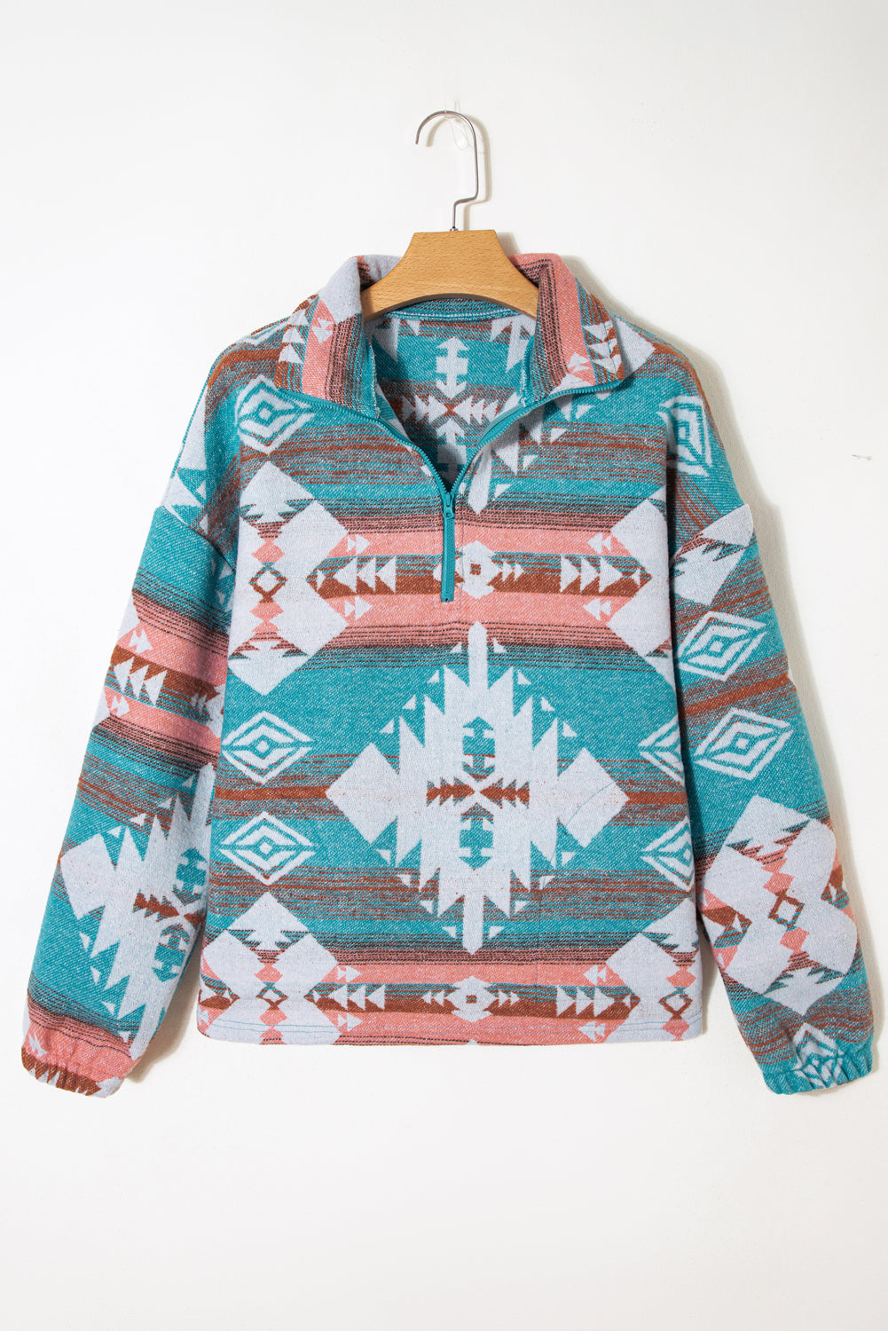 Green Quarter Zip Elastic Cuffs Aztec Sweatshirt-Tops/Sweatshirts & Hoodies-[Adult]-[Female]-2022 Online Blue Zone Planet
