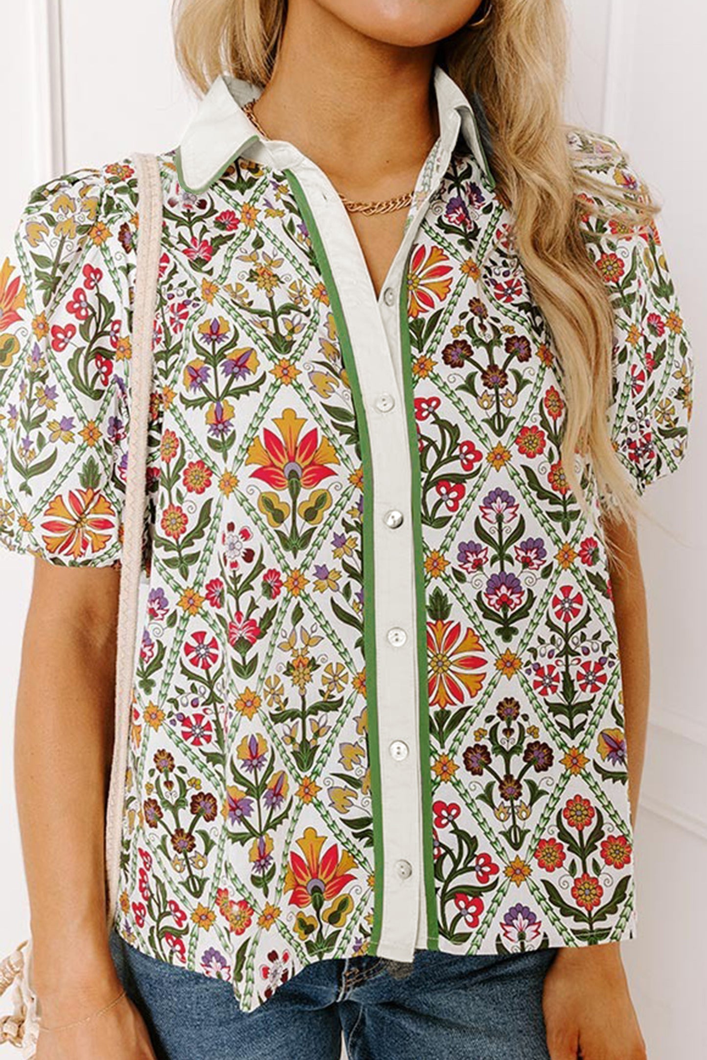 Green Short Bubble Sleeve Floral Shirt-Tops/Blouses & Shirts-[Adult]-[Female]-Green-S-2022 Online Blue Zone Planet