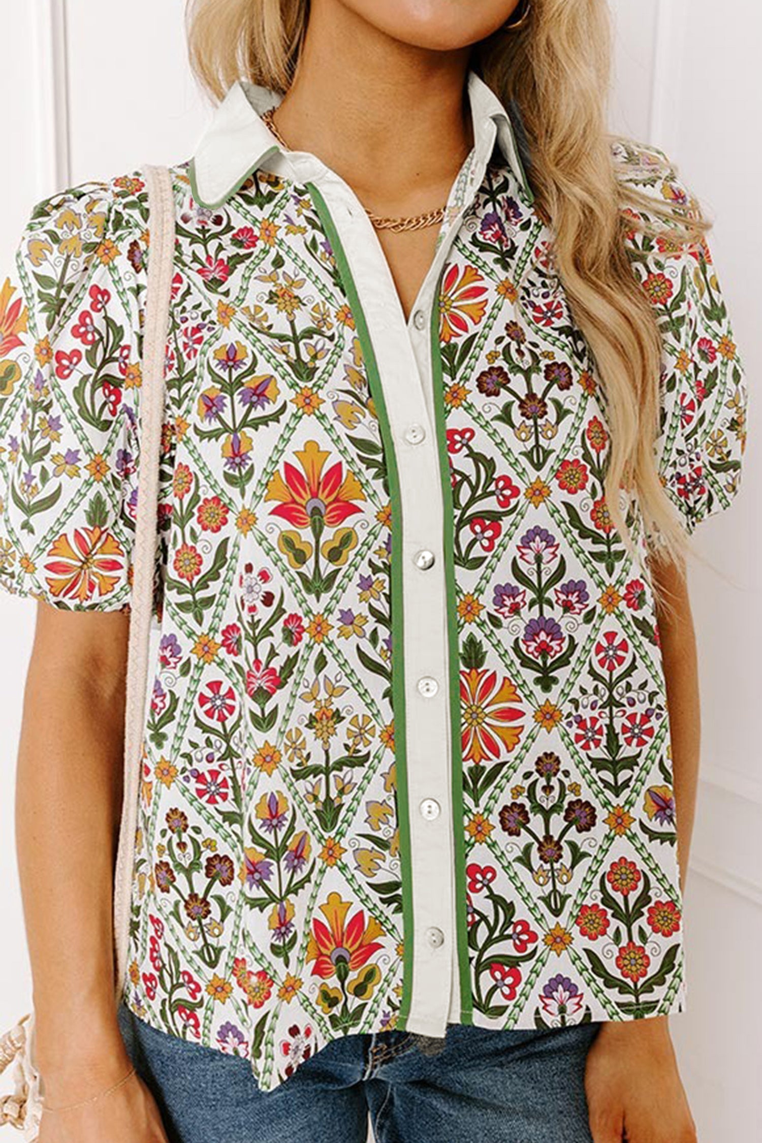 Green Short Bubble Sleeve Floral Shirt-Tops/Blouses & Shirts-[Adult]-[Female]-Green-S-2022 Online Blue Zone Planet