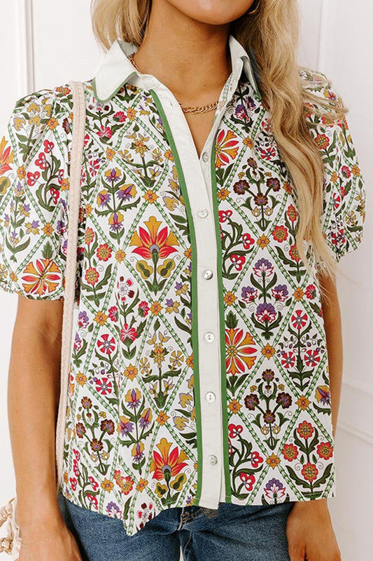 Green Short Bubble Sleeve Floral Shirt-Tops/Blouses & Shirts-[Adult]-[Female]-Green-S-2022 Online Blue Zone Planet