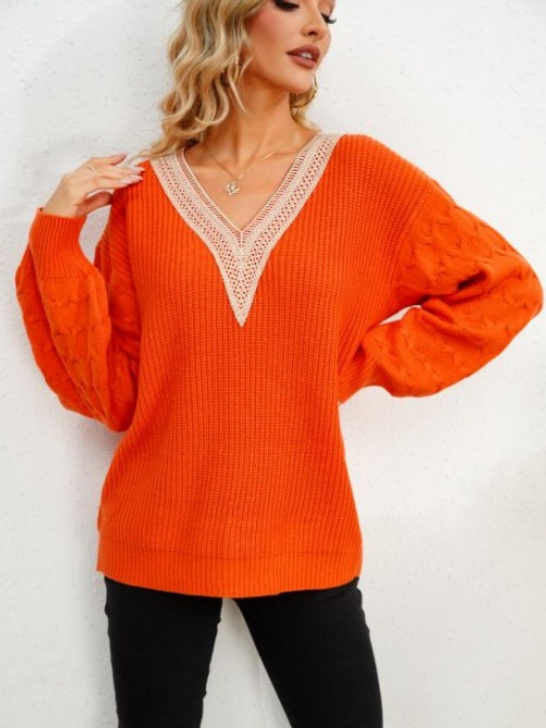 V-Neck Dropped Shoulder Long Sleeve Sweater-TOPS / DRESSES-[Adult]-[Female]-Orange-S-2022 Online Blue Zone Planet