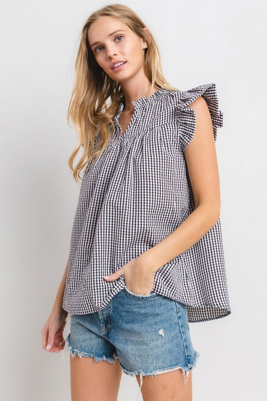 Ces Femme Plaid Notched Ruffled Cap Sleeve Blouse-TOPS / DRESSES-[Adult]-[Female]-2022 Online Blue Zone Planet