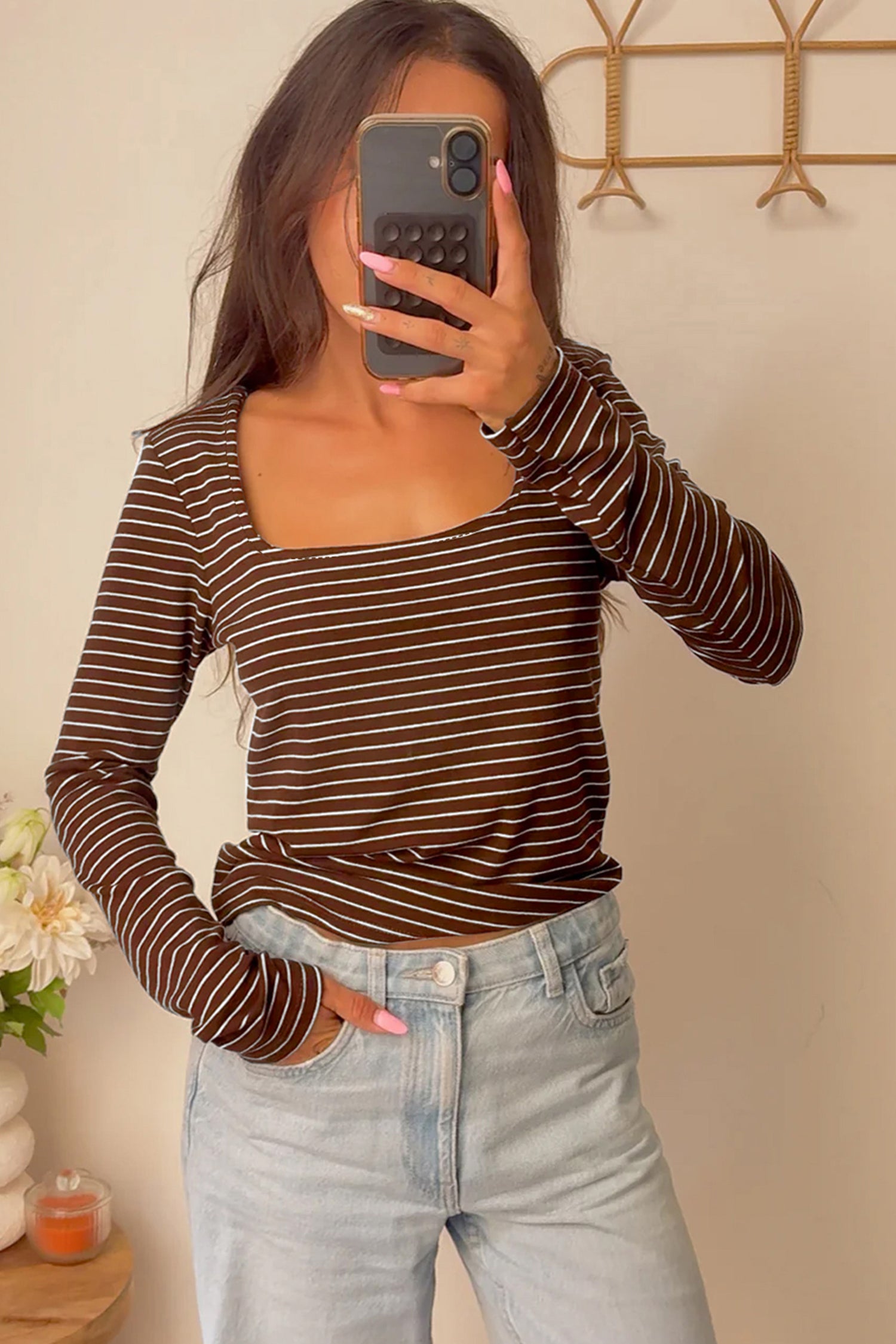 Brown Stripe Square Neck Long Sleeve Top-Tops/Long Sleeve Tops-[Adult]-[Female]-2022 Online Blue Zone Planet