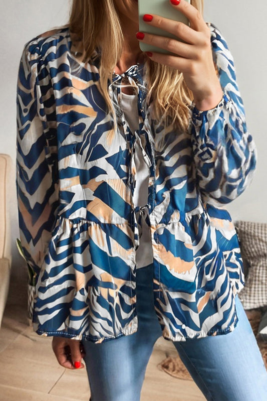 Blue Zebra Print Tied Front Puff Sleeve Top-Tops/Blouses & Shirts-[Adult]-[Female]-Blue-S-2022 Online Blue Zone Planet