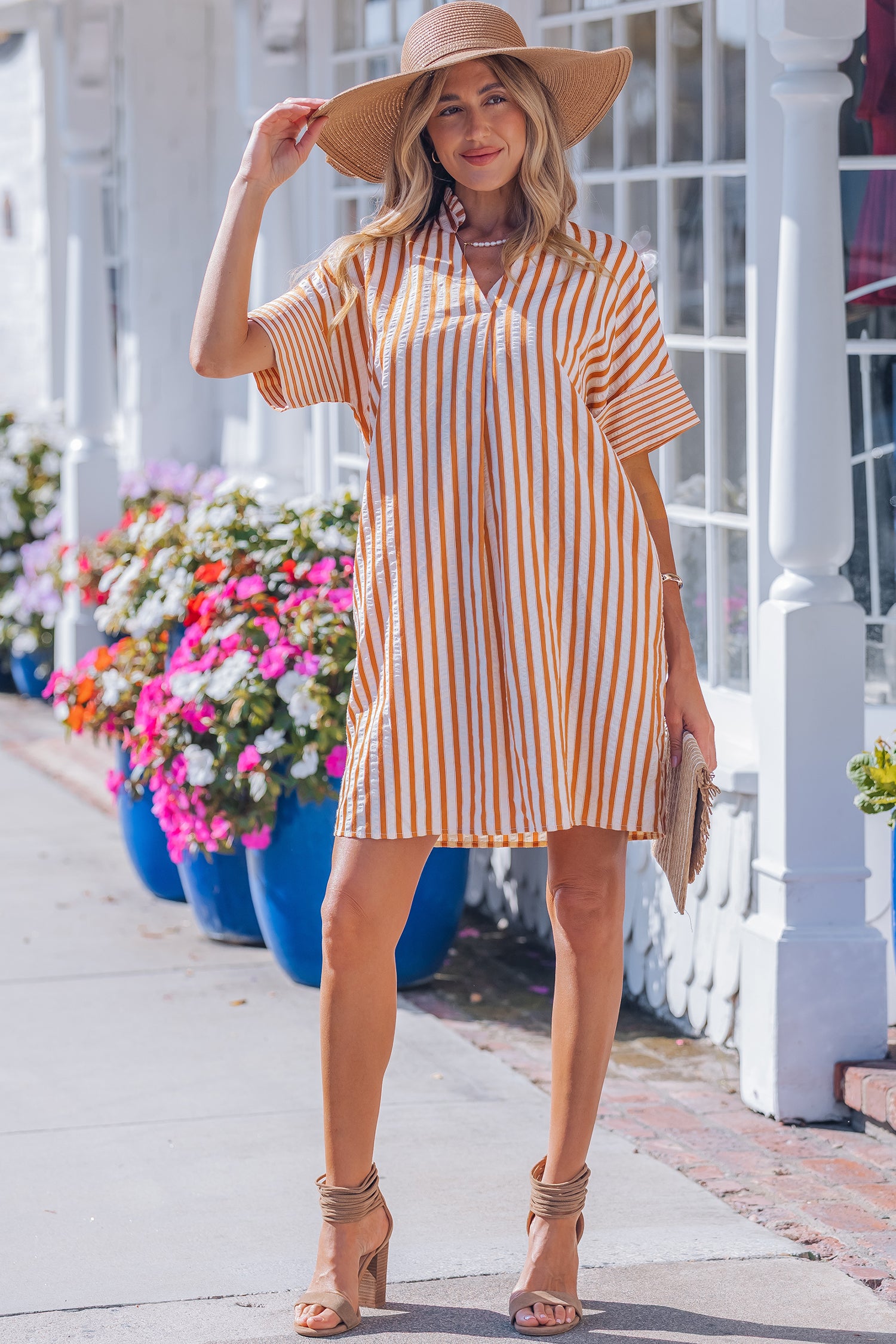 Brown Stripe Pinched V Neck Turn-up Cuffs Shift Mini Dress-TOPS / DRESSES-[Adult]-[Female]-2022 Online Blue Zone Planet