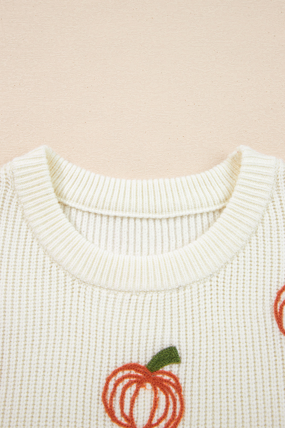 Beige Pumpkin Embroidered Ribbed Thanksgiving Halloween Holiday Sweater-Sweaters & Cardigans/Sweaters-[Adult]-[Female]-2022 Online Blue Zone Planet