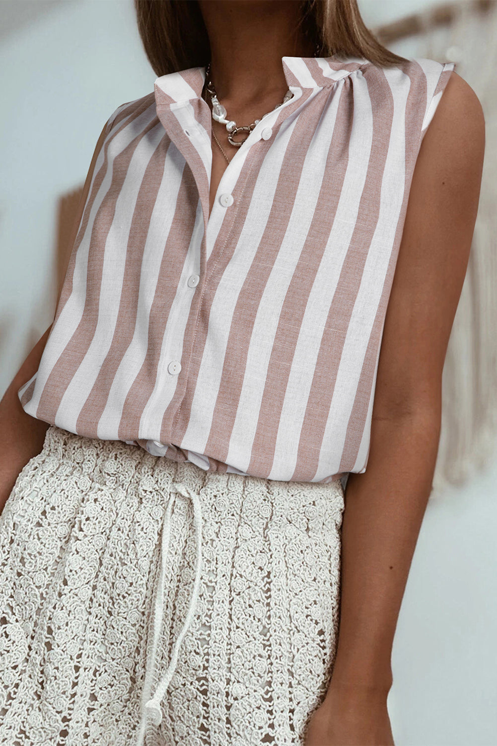 Khaki Stripe Casual Button Down Sleeveless Shirt-Tops/Blouses & Shirts-[Adult]-[Female]-2022 Online Blue Zone Planet