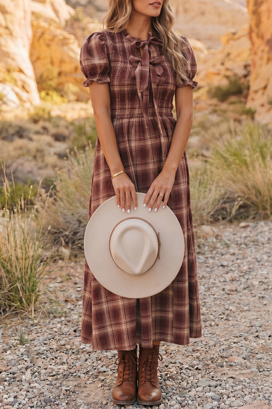 Red Vintage Plaid Knot Front Smocked High Waist Midi Dress-TOPS / DRESSES-[Adult]-[Female]-Red-S-2022 Online Blue Zone Planet