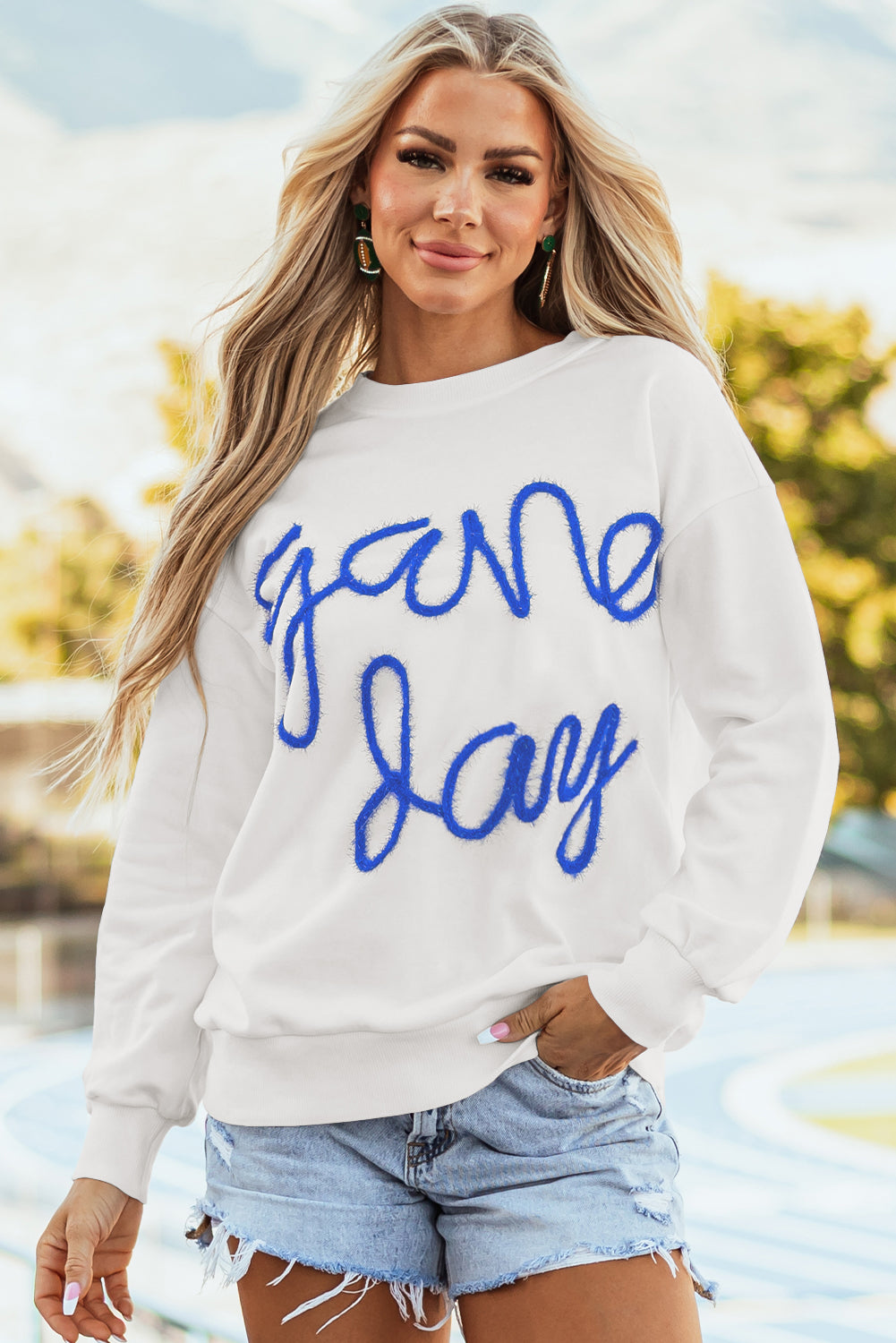 Dark Blue Tinsel Game Day Drop Shoulder Graphic Sweatshirt-Tops/Sweatshirts & Hoodies-[Adult]-[Female]-White1-S-2022 Online Blue Zone Planet