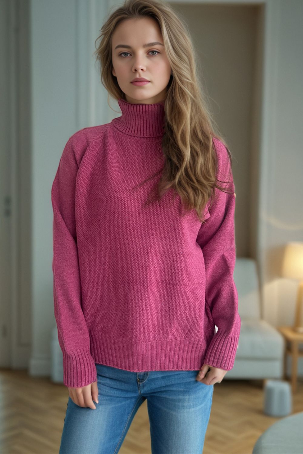 Blue Zone Planet | Ribbed Turtleneck Raglan Sleeve Sweater-TOPS / DRESSES-[Adult]-[Female]-Cerise-One Size-2022 Online Blue Zone Planet