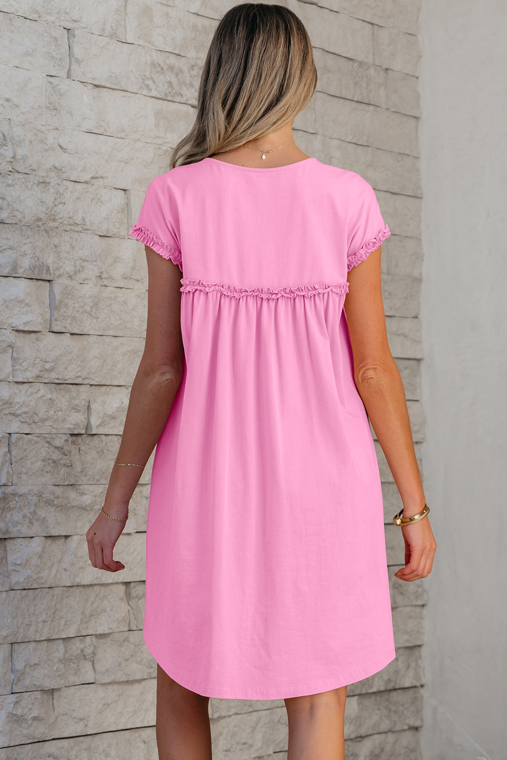 Pink Frilled Trim Crew Neck Loose Fit Mini Dress-TOPS / DRESSES-[Adult]-[Female]-2022 Online Blue Zone Planet