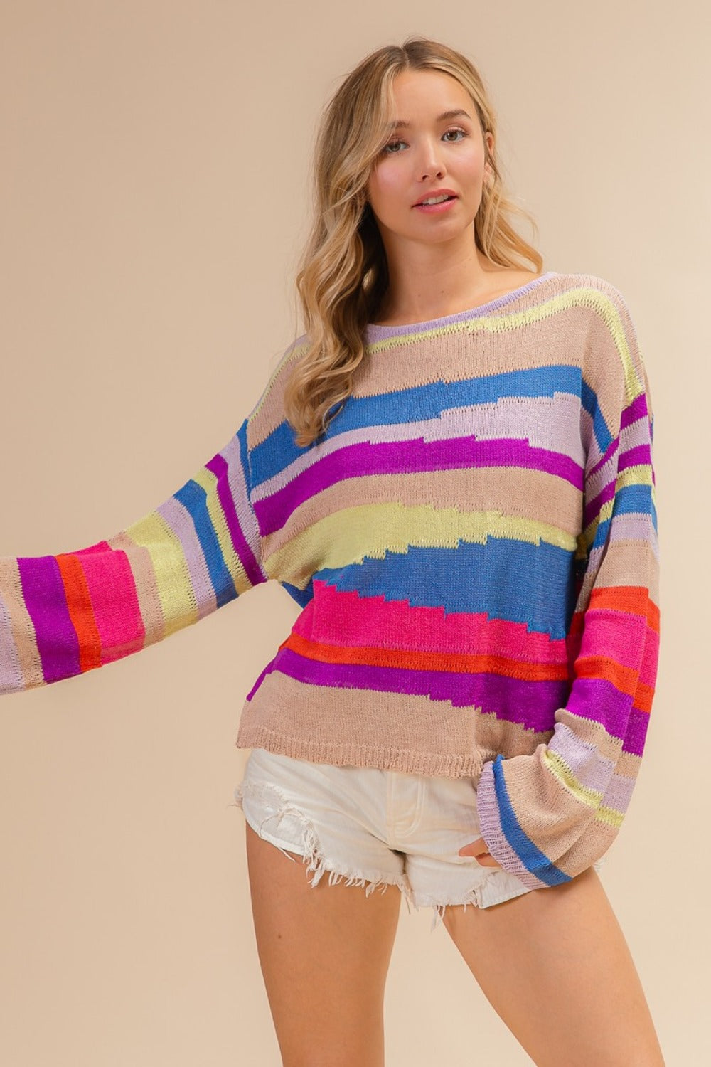 Blue Zone Planet | BiBi Multi Color Geometric Stripe Sweater-TOPS / DRESSES-[Adult]-[Female]-2022 Online Blue Zone Planet