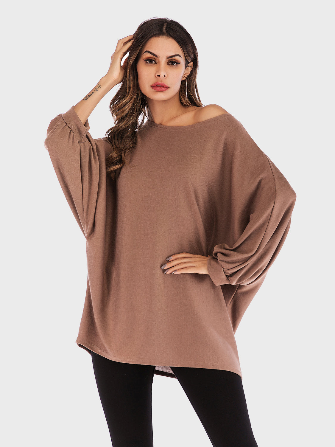 Blue Zone Planet | Perfee Round Neck Batwing Sleeve T-Shirt-TOPS / DRESSES-[Adult]-[Female]-Caramel-One Size-2022 Online Blue Zone Planet